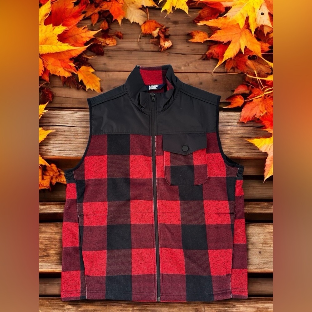 Lands End Men’s Lightweight Plaid Red & Black Vest 38-40 / Medium, Front Pockets